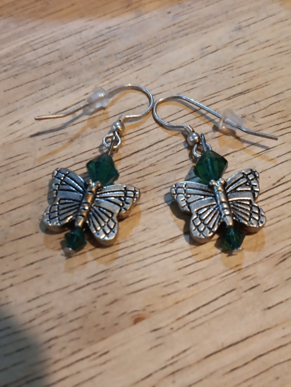 Silver Butterfly Earrings with Emerald Green Crystals by